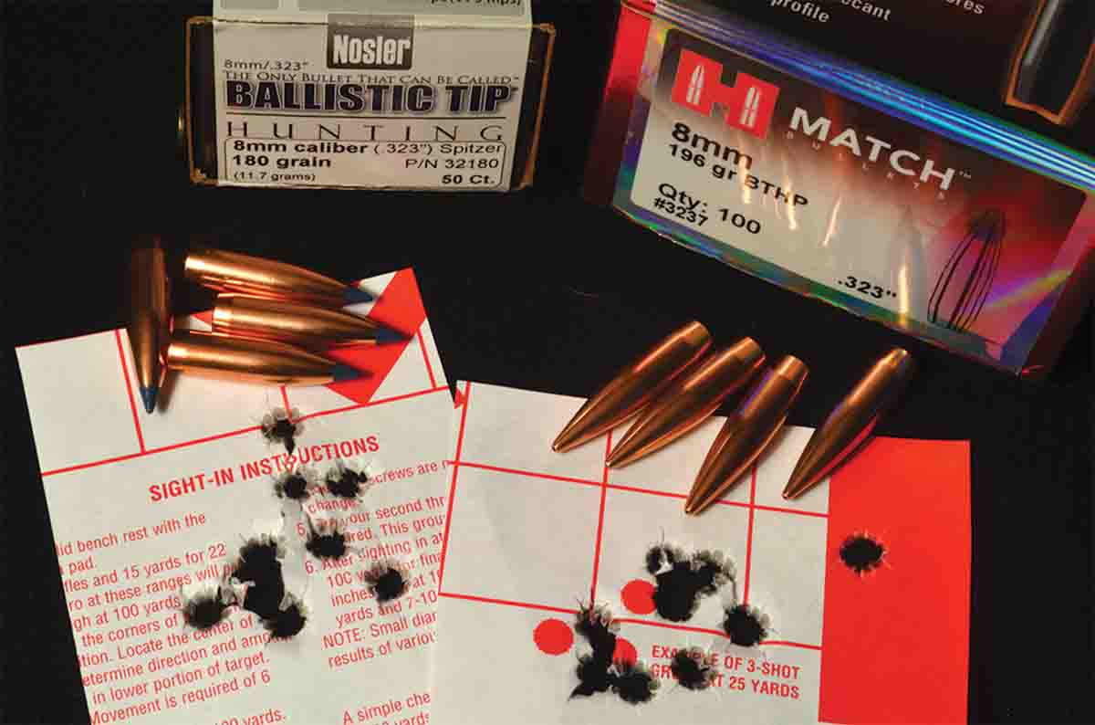 Two 10-shot groups with generic handloads that were not tailored to the rifle are shown. The group at left measures 1.377 inches; the right group is exactly 2 inches with the flyer, and exactly one inch omitting it.